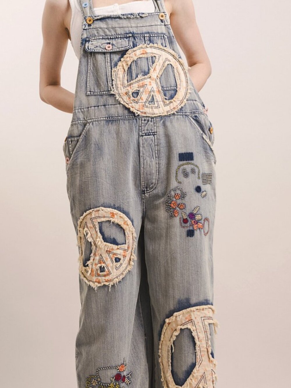 Bluevelvet Peace Patch Embroidered Denim Overalls